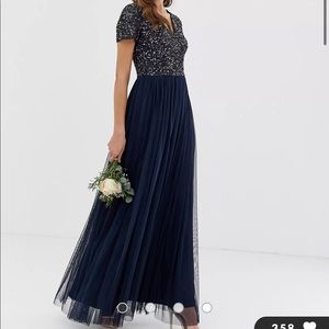 Maya Bridesmaid V-Neck Maxi Tulle Dress, Tonal Delicate Sequins. Navy, Size 2